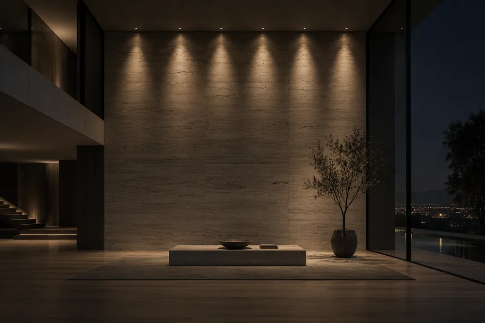 Illustrative interior: narrow warm beams from small recessed apertures grazing a stone wall
