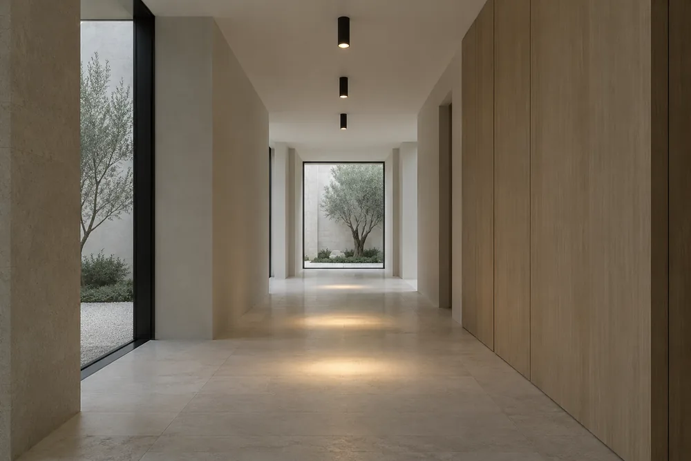 Illustrative interior: slim surface-mounted cylinders lighting a pale stone corridor